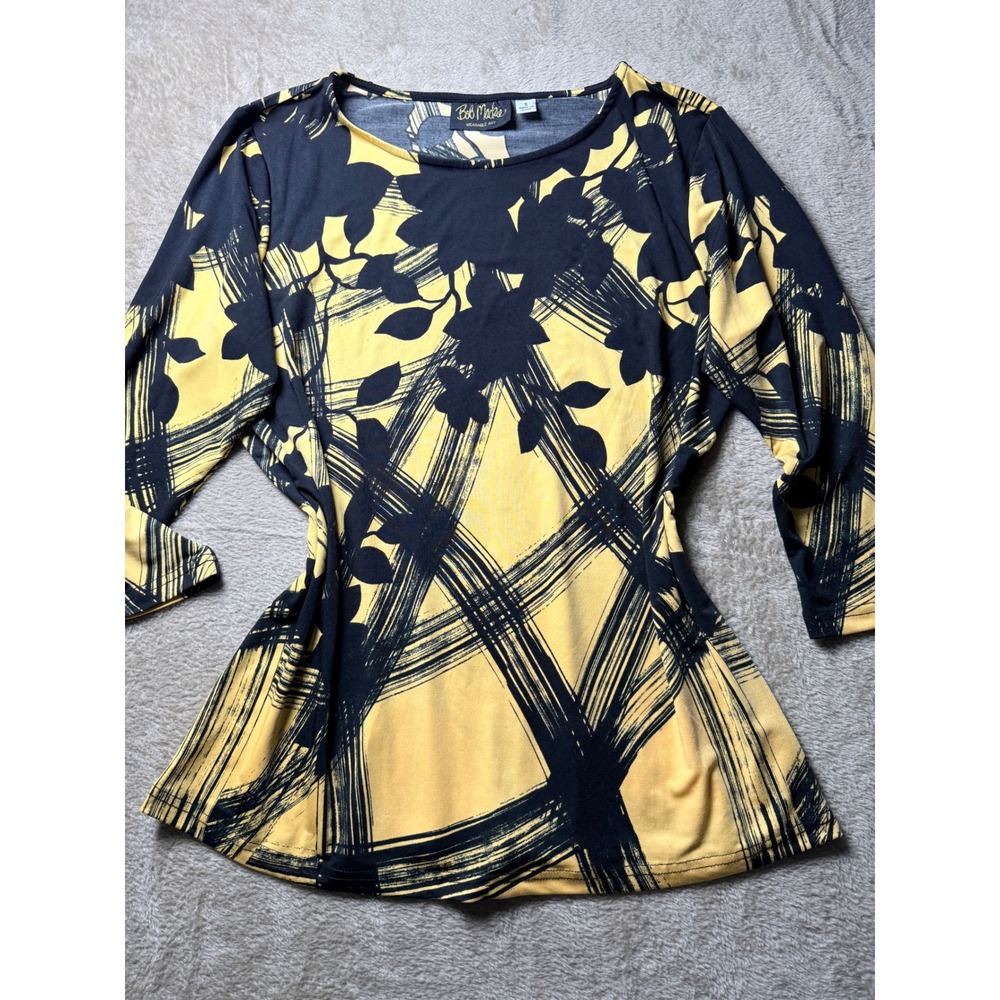 Bob Mackie Wearable Art Yellow Black Abstract Floral 3/4 Sleeve Top‎ Small